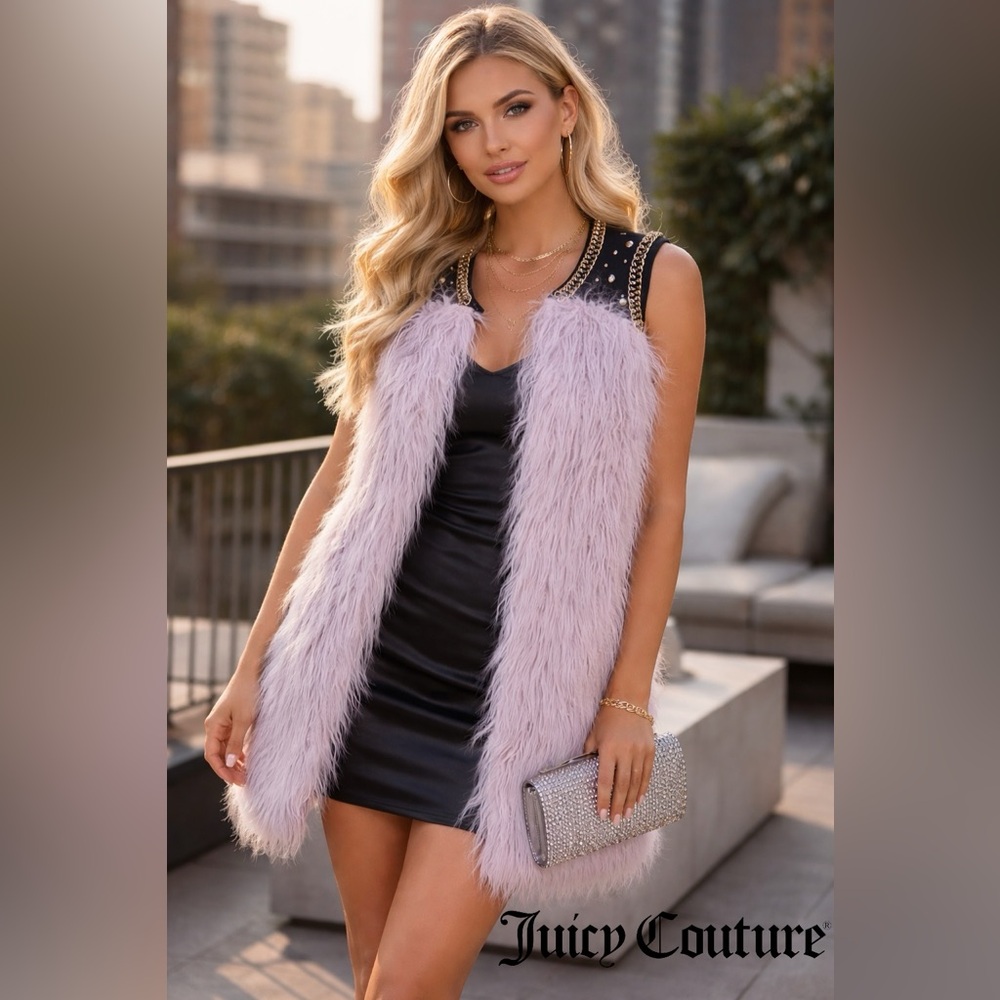 Juicy Couture Black Label Lavender Faux Fur Vest with Studded Trim